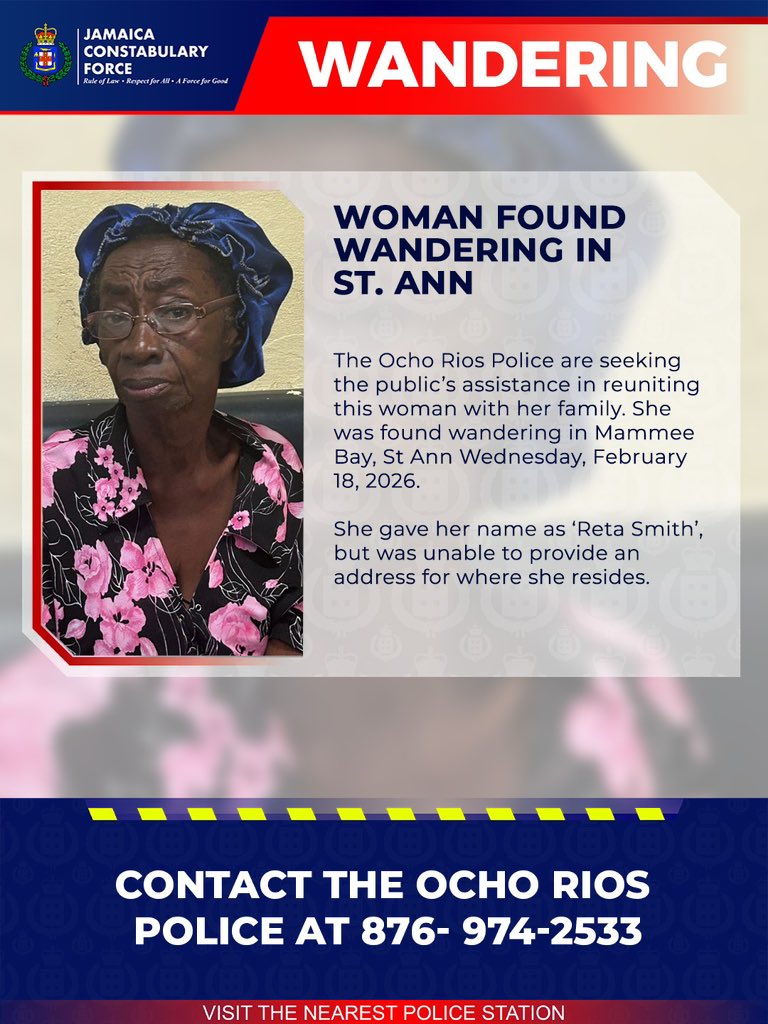 JamaicaConstab's tweet image. The police are seeking the public’s assistance in reuniting this woman with her family. She was found wandering in Mammee Bay, St Ann Wednesday, February 18.
 
She gave her name as Reta Smith.
 
Anyone with information that can assist the police in reuniting Reta Smith with her