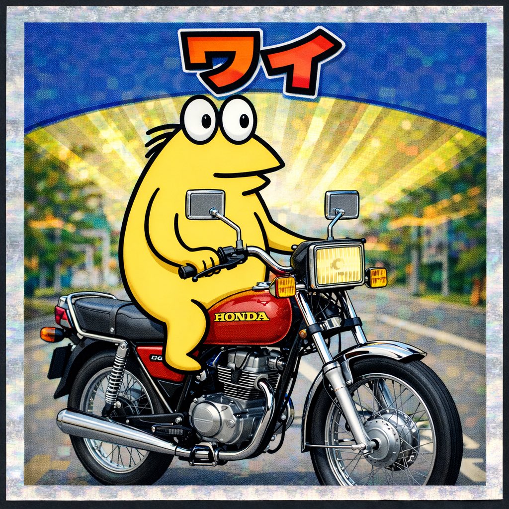 logex07's tweet image. なんj民 rides on CG125.

This is created by ChatGPT.

ステッカー化して配りたい
