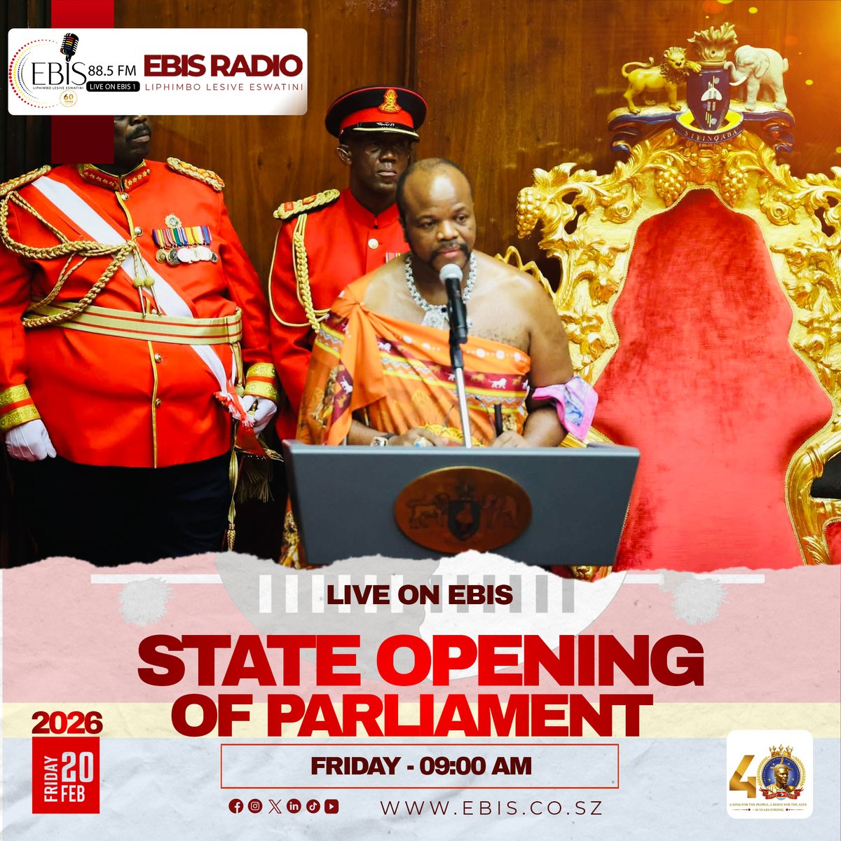 EBISRADIO's tweet photo. Tomorrow, His Majesty King Mswati III officially opens Parliament. πΈπΏ
Join us for live coverage of the ceremonial proceedings, the Speech from the Throne, and key national priorities for the year ahead.
Stay tuned to #EBISRadio
#StateOpeningOfParliament #Eswatini https://t.co/LbY9qOZW1T