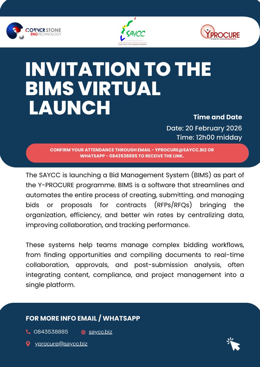 LGYDF1's tweet photo. Get in touch with us through email - yprocure@saycc.biz or WhatsApp 0843538885 to receive a link to the BiMS Virtual Launch... https://t.co/QTe9BY1ptm