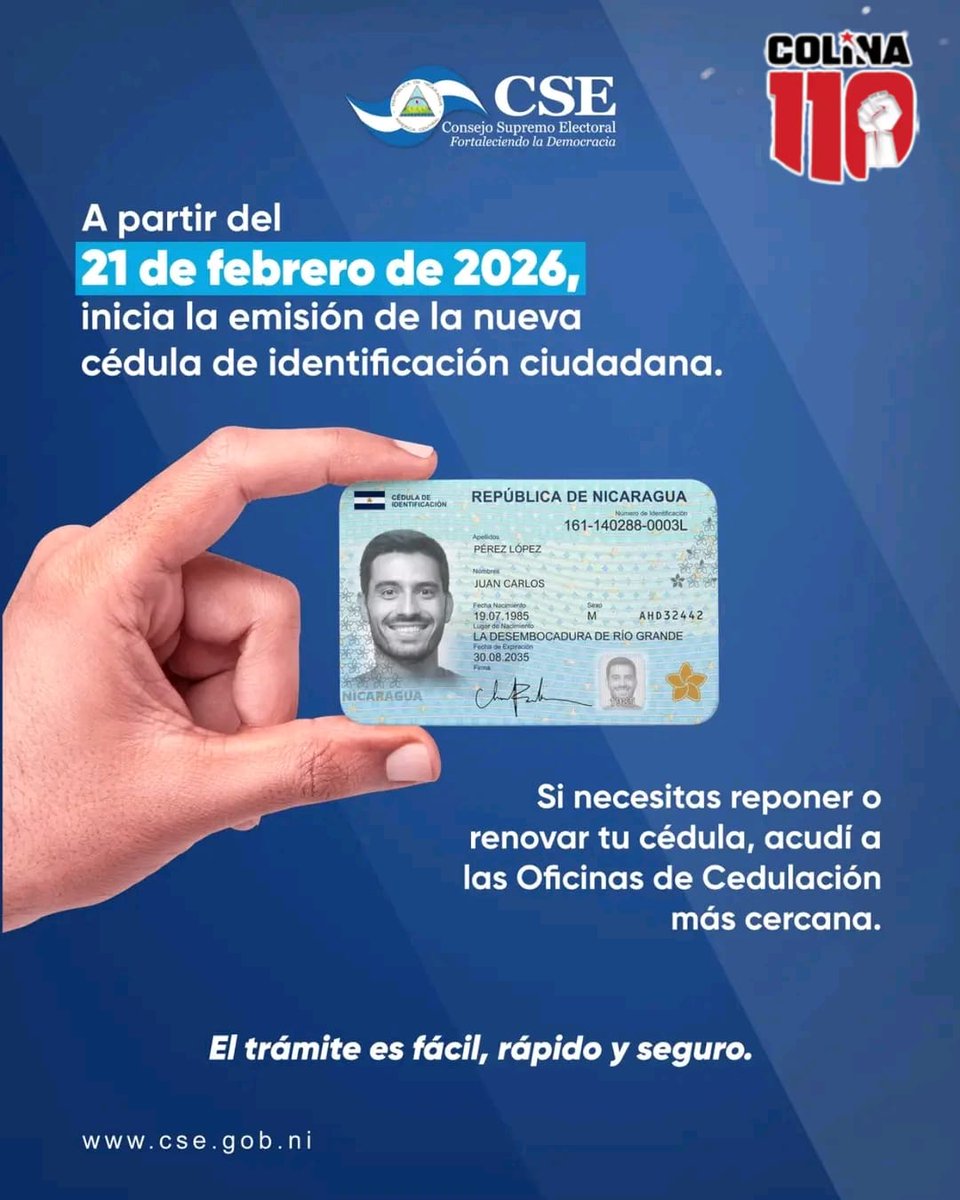 El Consejo Supremo Electoral informa que, a partir del #21deFebrero de 2026, entrará en vigencia el nuevo formato de Cédula de Identificación Ciudadana, incorporando nuevas tecnologías 

Las cédulas en formatos anteriores continuarán vigentes hasta su fecha de vencimiento.