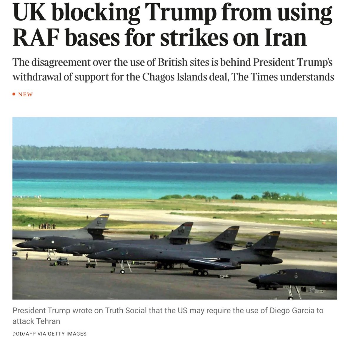 BREAKING: The UK is blocking Trump from using RAF bases for strikes on Iran, according to The Times.

This comes despite the White House drawing up military plans for a strike against Iran involving the use of both Diego Garcia and RAF Fairford

thetimes.com/uk/politics/ar…