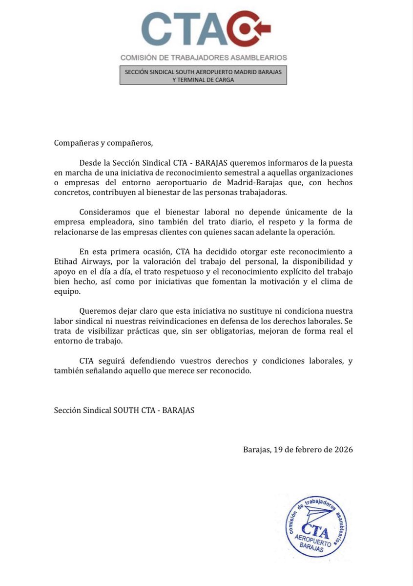 📣 Desde SOUTHCTABARAJAS queremos informaros de la puesta en marcha de una "iniciativa de reconocimiento semestral" a aquellas organizaciones o empresas del entorno aeroportuario que, con hechos concretos, contribuyen al bienestar de los trabajadores. ¡Felicidades <a href="/etihad/">Etihad Airways</a> !👏💪🤝