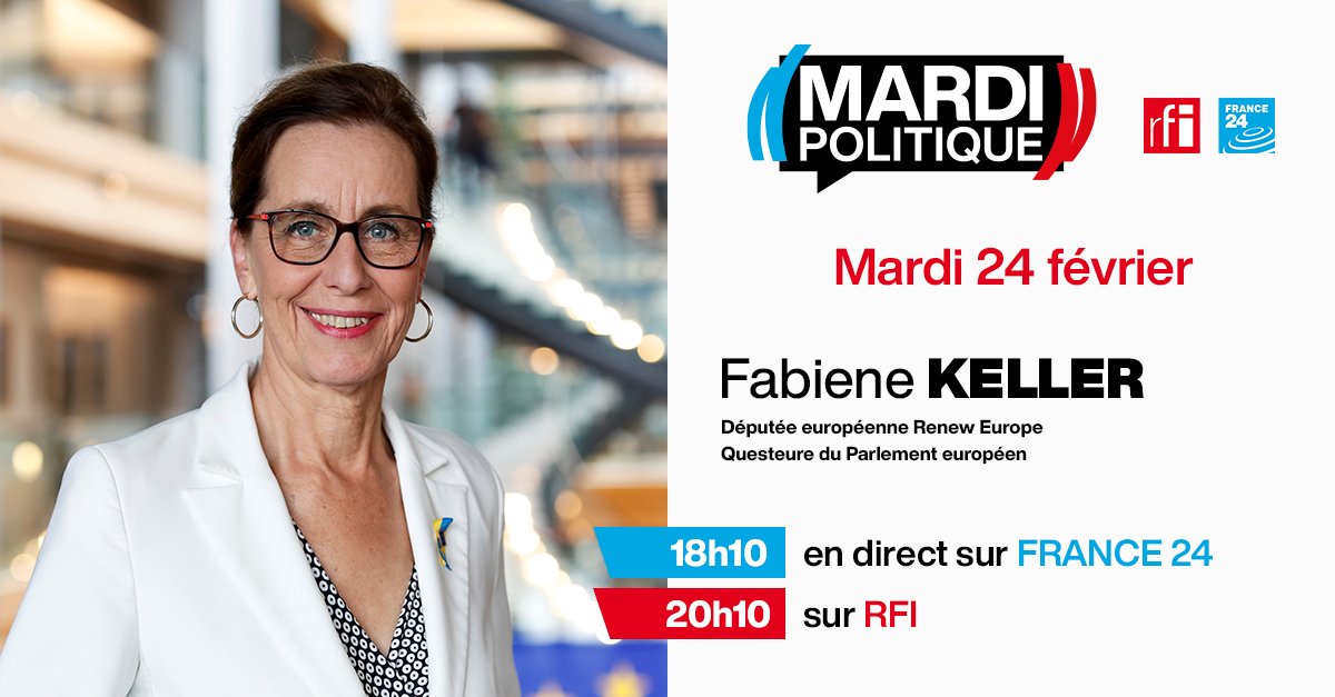 🎙 <a href="/fabienne_keller/">Fabienne Keller</a>, députée européenne <a href="/RenewEurope/">Renew Europe</a> et questeure du Parlement européen, sera l'invitée de #MardiPol demain sur <a href="/FRANCE24/">FRANCE 24</a> à 18h10 et <a href="/RFI/">RFI</a> à 20h10

Elle répondra aux questions de <a href="/RoselyneFebvre/">Roselyne Febvre</a> et <a href="/FredRiviereRFI/">Frédéric Rivière</a>
