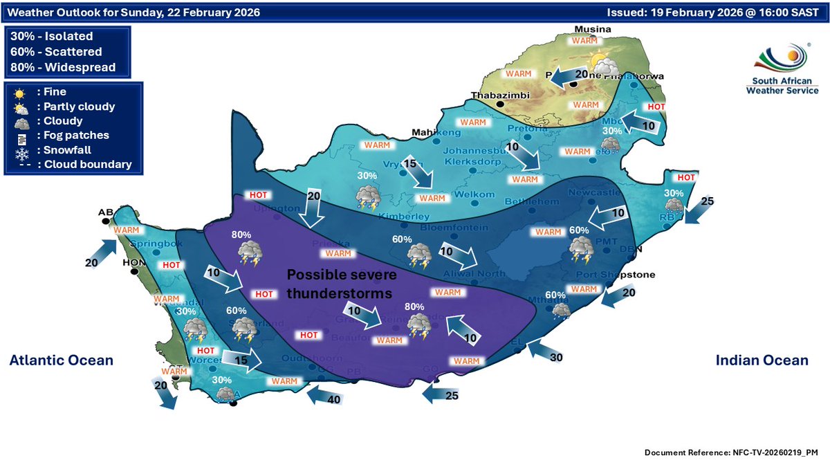 SAWeatherServic's tweet image. Extended weather forecast for Saturday and Sunday, 21-22 January 2026:
Partly cloudy and warm and hot with isolated to scattered showers and thundershowers, but widespread over the western interior on Sunday.
#saws #SAWeather #weatheroutlook