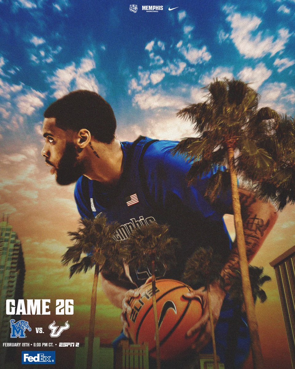 Memphis_MBB's tweet image. Gameday in the Sunshine State ☀️ 

🆚 South Florida
⏰ 6:00 PM CT
📍 Yuengling Center
📺 ESPN2 

#GoTigersGo | @Fedex