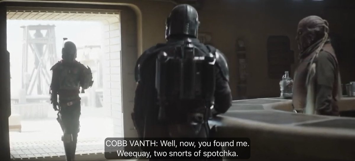 In The Mandalorian S2:E1 (2020), Cobb Vanth calls the town’s bartender by his species instead of his actual name, likely because he is antisocial and racist. This is a subtle nod to the fact that Cobb Vanth is a member of local law enforcement.