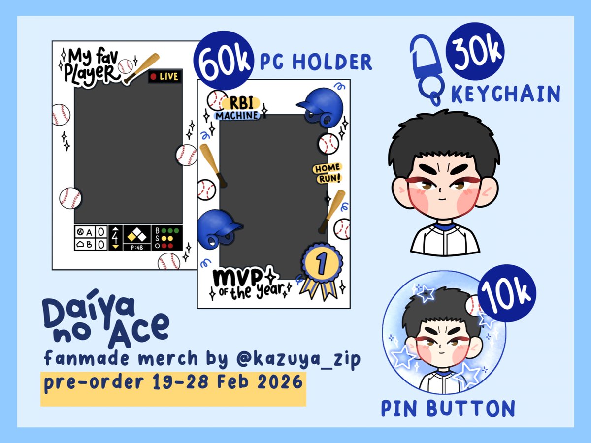 [ RTs &amp; 💞 are appreciated ]

⚾️ Open Pre-Order Fanmade Merch Daiya no Ace ⚾️
💎 Cahol Baseball, Keychain, Sticker, Pin, &amp; Pouch
🗓️ 19-28 Februari 2026

PO Form
🔗 forms.gle/jhJokKowRNnxHF…

#warungdaiya #warungdna