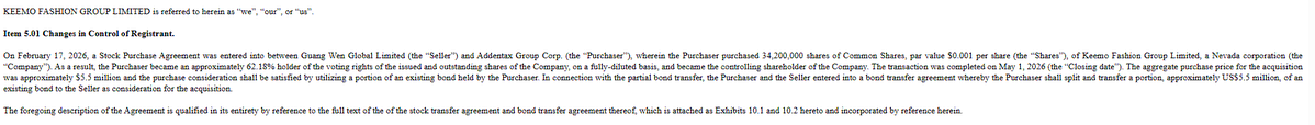 $KMFG 800k DTC, change of control