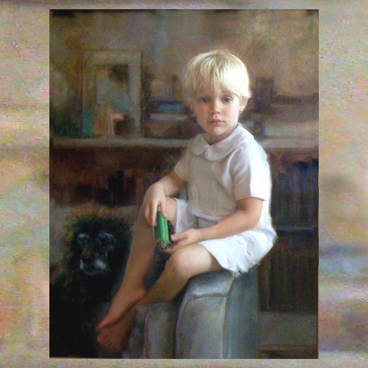 bartlindstrom's tweet photo. Paintings of pets with children often capture themes of companionship, innocence, and joy, but the pets don’t always want to cooperate!
Placing the dog in a relaxing position within the portrait on the couch was a good option, the family was happy, so was I. https://t.co/ObqpEs5dia