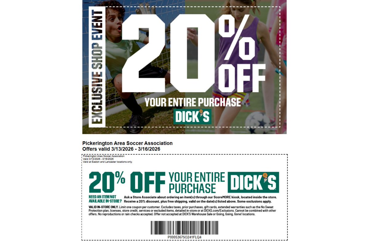 PASA_Soccer's tweet photo. Dick's Sporting Goods Shop days are back for spring!  Gear up for another big season! https://t.co/SHwzDg1Dvp