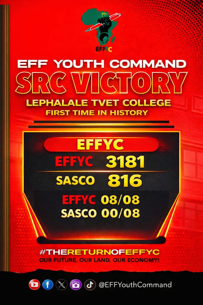 Bosula_12's tweet photo. For the time in history, the Lephalale @EFFYouthCommand won all SRC seats at the Lephalale TVET College. We congratulate the young people. https://t.co/YDoPuc1r0M