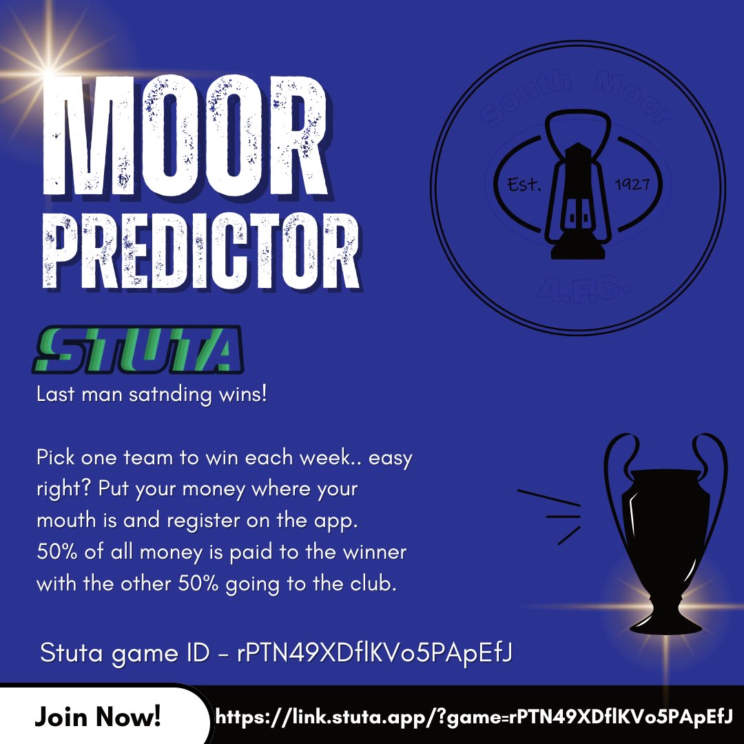 MOOR PREDICTOR!!

Join our Premier League Last man standing competition for just £5! Download Stuta and use the game ID on the photo.

Use the WhatsApp link chat.whatsapp.com/Gkb3ujeHRjKEga… to join our WhatsApp for instructions and payment info.