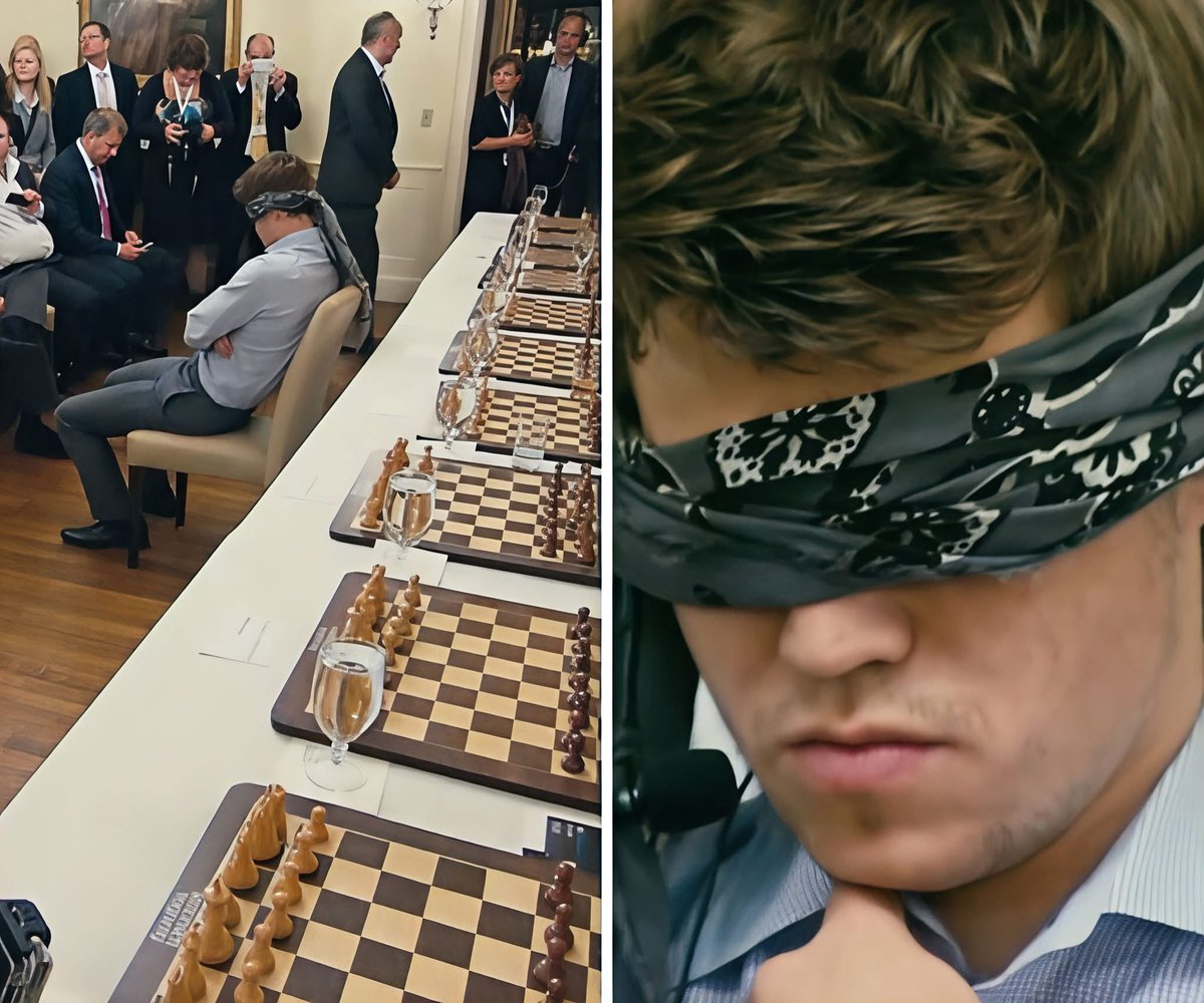chess_feed's tweet photo. In 2013, Magnus Carlsen played blindfold chess against 10 people simultaneously and won all 10 games. https://t.co/Kdu2zvKOPx