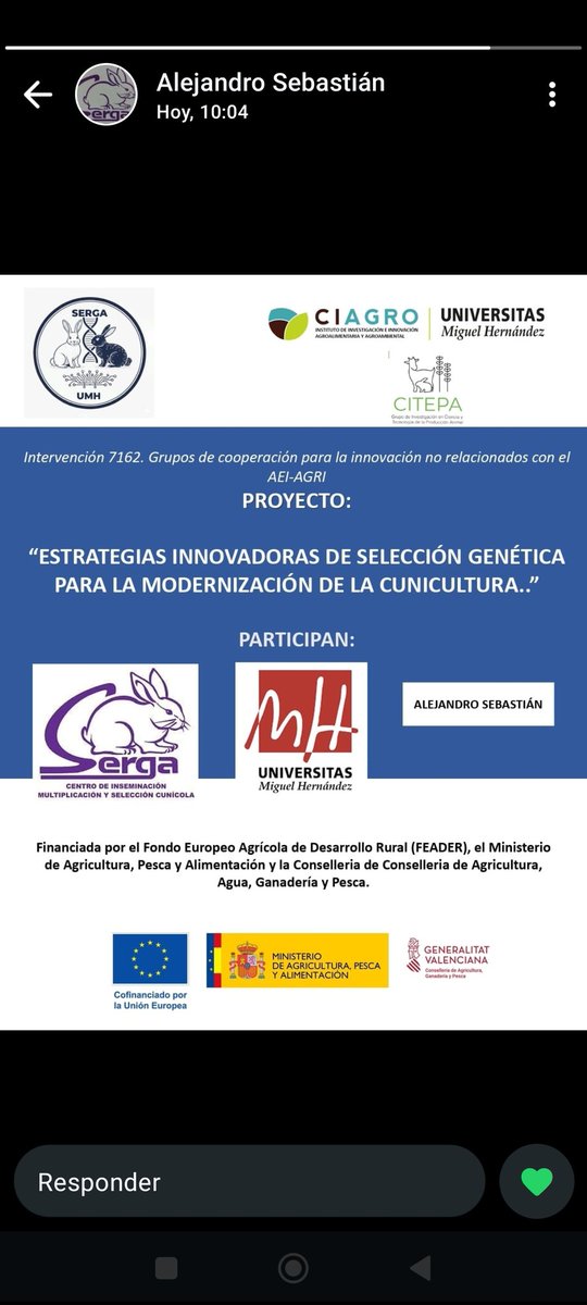 El Grupo de Colaboración formado por las investigadoras M. Luz García y M. José Argente de <a href="/CIAGRO_UMH/">CIAGRO-UMH</a>, SERGA y A. Sebastián ha sido financiado con el proyecto: Estrategias innovadoras de selección genética para la modernización de la cunicultura.
genrabbit.umh.es