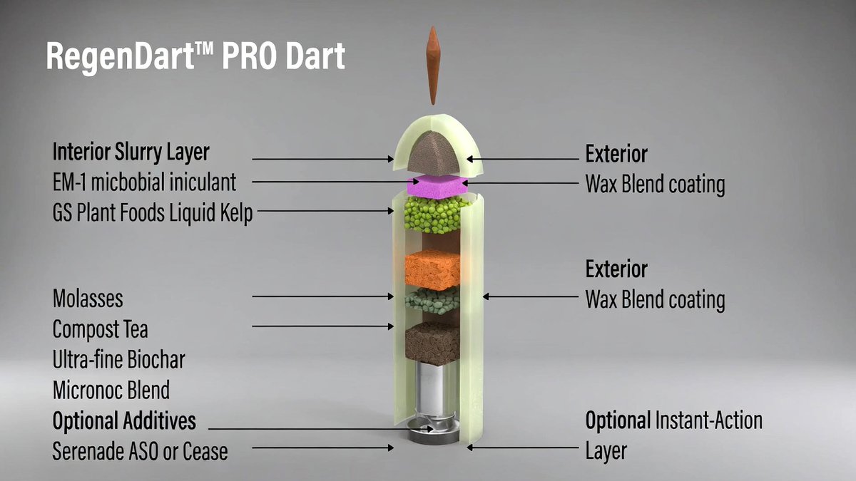 TerraPretaAgBio's tweet photo. This is RegenDart™ PRO — a biodegradable, deep-injection microbial delivery system (Patent Pending).Exploded view shows every layer working together:  Interior slurry: EM-1 microbes + compost tea diversity + kelp hormones + biochar for long-term nutrient hold  Wax blend coating:  beeswax + carnauba — pressure-resistant seal, 120–180 day controlled release  

Optional instant-action outer layer: Quick-dispersing microbes & nutrients on first soil contact

Strength: One dart creates a persistent "hot zone" 6–10 inches deep — delivering biology + carbon + protection exactly where roots grow. No runoff, no plastic, no smell. Value: Faster establishment, 20–60% better growth in trials, reduced inputs, and season-long soil building — for no-till, regenerative, and even houseplant use. Early adopters wanted for 2026 trials. DM if you're a grower ready to test.#RegenAg #NoTill #SoilHealth #PatentPending @johnkempf
@GabeBrown1
@RaytheSoilGuy
@DavidRMontgomery 
@SoilFoodWeb

@RodaleInstitute
@KissTheGround
@RegenAgAlliance
@QuiviraCoalition
@RegenAgAlliance
@SavoryInstitute
@CA4R

@CoverCropCoach
@NotillGrowers
@RegenFarmers

@SoilCarbonCoalition
@FarmerLeeJones

@CA_RegenAg

@CaliforniaFarmLink
@CalCAN
@CFFarmers