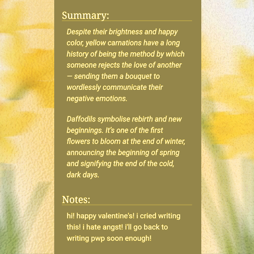 helldonism's tweet photo. 🌼 Carnations and Daffodils 🌼
• #kaynez #ezkayn SFW Heartsteel AU
• Valentine's angst with good ending
• Everybody deserves a hug
• 12,8k words completed oneshot
🔗 https://t.co/HeiIU9k1F2 https://t.co/nfcntbcltw