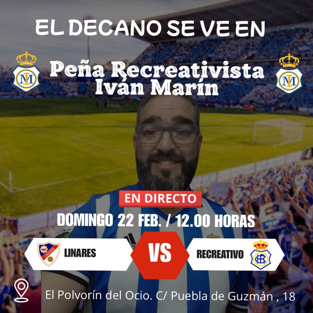 ivanforever03's tweet photo. @marin_pena76978 
💙🤍 DÍA DE RECRE 💙🤍
Este domingo a las 12:00h disfruta del partido Linares DPTVO vs Recreativo de Huelva
📍En la Peña Recreativista Iván Marín 
Buen partido, recreativismo y fútbol ⚽️🙌🏻 https://t.co/oI4RBpPWoE