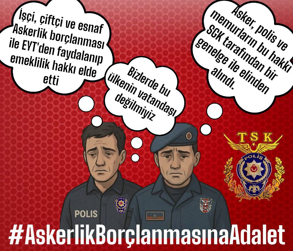 <a href="/YalcinDoganVHP/">Yalçın Doğan</a> DEVLET BÜYÜKLERİMİZE SESLENİYORUZ.

Her sabah evinden eşiyle çocuğuyla helalleşerek çıkan
Ne zaman işten döneceğini belli olmayan
Vatan için şehit olan olan
Polis ve Askerlerin #AskerlikBorçlanması Mağduriyeti artık çözülsün istiyoruz.
#PoliseBakanYokMu