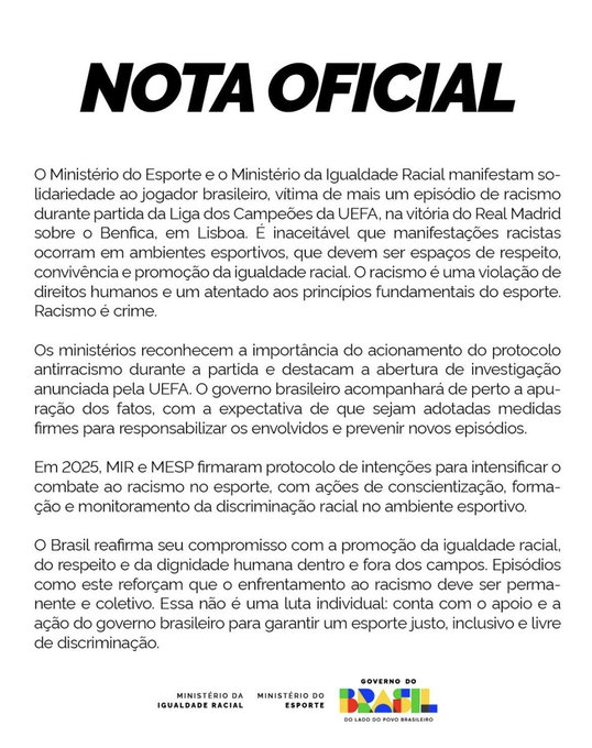 رسميًا | الحكومة البرازيلية تصدر بيانًا دعمًا لفينيسيوس جونيور 