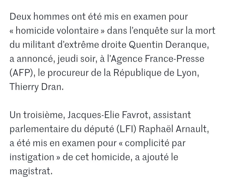 Le juge a mis en examen l assistant parlementaire pour complicité par instigation et non homicide volontaire 
👉 Ça signifie que le juge reconnaît qu'il n a porté aucun coup à Quentin...
👉 A noter, il n'y a pas d autres assistants parlementaires ou stagiaires mise en cause .