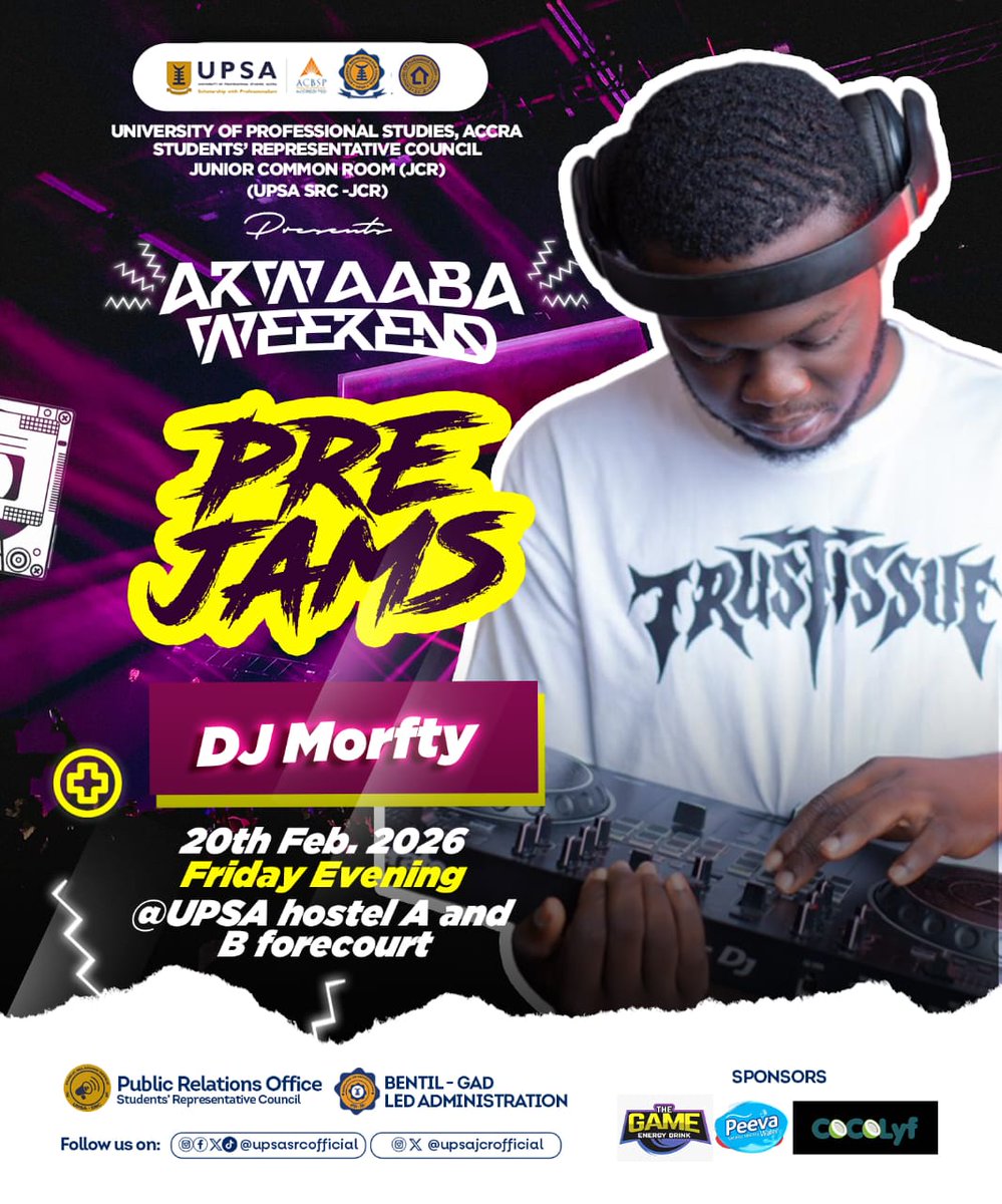upsasrcofficial's tweet image. Akwaaba Weekend Pre-Jams with DJ Morfty crushing the beats on Friday, 20th February,2026 at 6 pm at the UPSA Hostel A &amp;amp; B forecourt in collaboration with the JCR.

Get ready for an epic vibey night of music and energy.#upsa #jcr #studentvibes