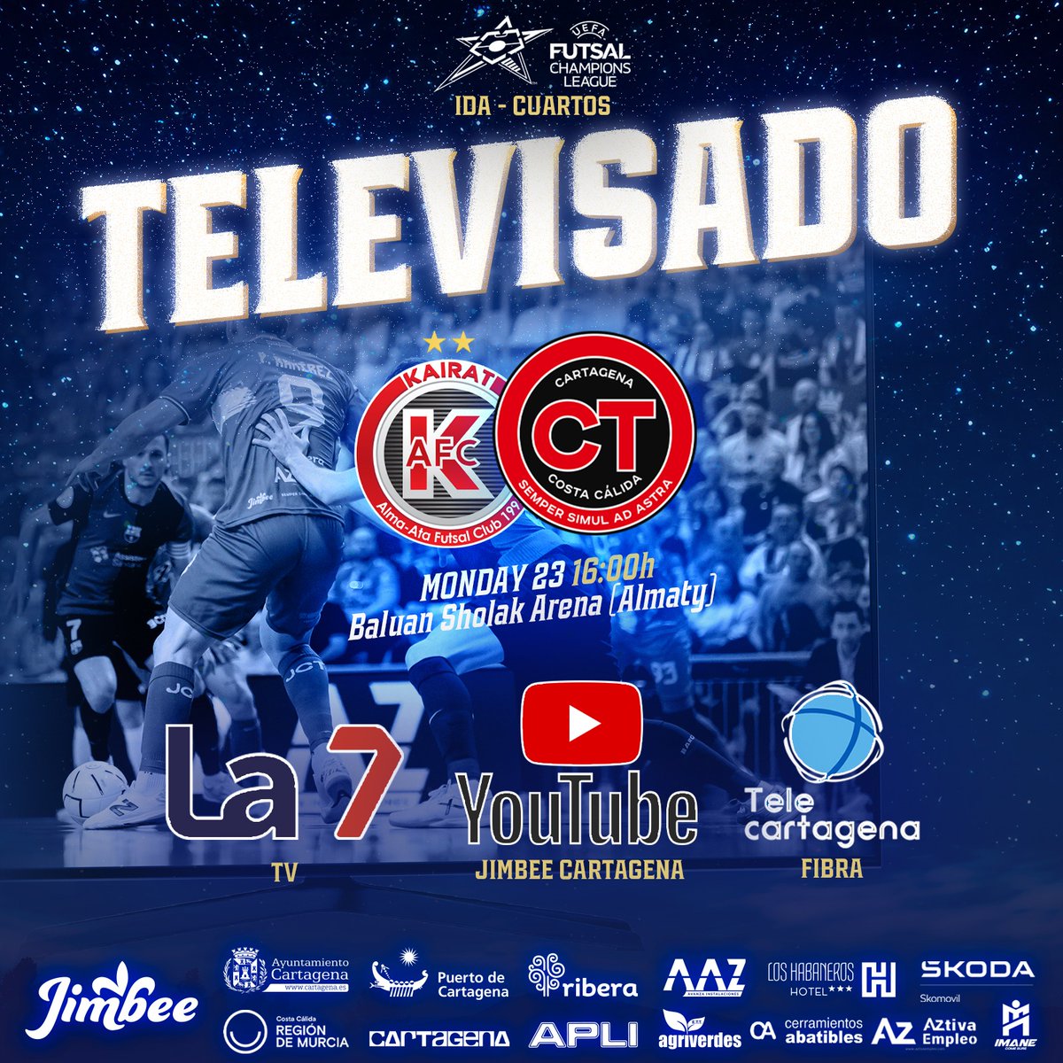 🚨📺🏆🇪🇺 ¡Televisión para los cuartos de 𝐂𝐡𝐚𝐦𝐩𝐢𝐨𝐧𝐬!

El Club ha negociado con la parte local para poder retransmitir el partido en directo y en abierto para todo el mundo 🤝🏼🌎

💻 youtube.com/@jimbeecartage…
📺 <a href="/la7tele/">La 7</a>
📡 <a href="/Telecartagena_/">Telecartagena</a>

#KairatCartagena #UCLFutsal
