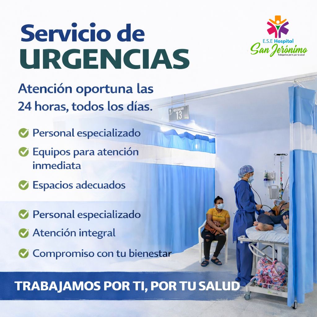 🚑 Atención inmediata cuando más lo necesitas.
En el servicio de urgencias de la E.S.E. Hospital San Jerónimo Montería brindamos atención oportuna, segura y humanizada las 24 horas del día, todos los días.
👩‍⚕️ Personal especializado
⚕️ Atención integral