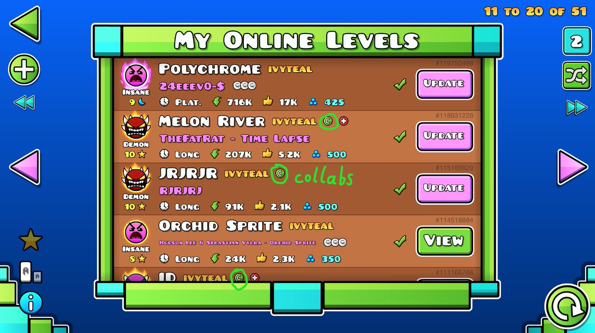 ivyteal_'s tweet photo. i updated all my levels to make it so that all my collabs have the (C) mark and all my solo levels don't 🐈 i like consistency https://t.co/vwqgUr1RS0