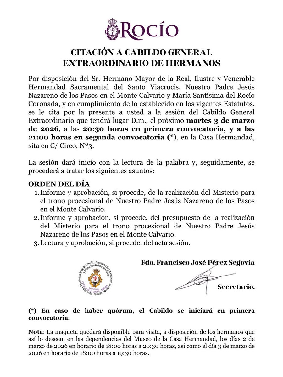 elitinerario_'s tweet photo. 🗳️ El Rocío convoca a sus hermanos a un cabildo extraordinario para aprobar el GRUPO ESCULTÓRICO del Nazareno de los Pasos.

📆 Se celebrará el 3 de marzo a las 20:30 en su Casa Hermandad.

@RociodeMalaga | #CofradíasMLG https://t.co/fCTGnvH6ai