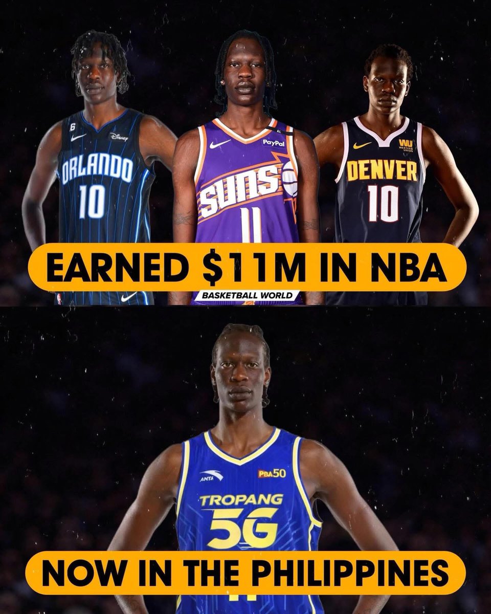 Edwardbasketbal's tweet photo. Bol Bol begins a new journey 🇵🇭✨

After 6 seasons in the NBA, Bol Bol takes his talents to the Philippines.

Best season — Orlando Magic (2022–23):  
9.1 PTS | 5.8 REB | 1.2 BLK | 54% FG

New chapter. Same dream 🚀  
#edwardbasketball #southsudanbasketball🇸🇸🏀 #nba #basketball https://t.co/6Ycrn10YkH