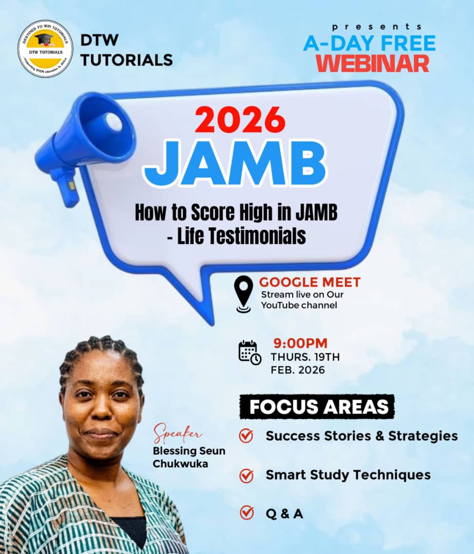 dtwtutorialsng's tweet photo. 🚨 *WEBINAR ALERT FOR ALL JAMB CANDIDATES* 🚨

Scoring high in JAMB is not luck.
It is strategy, preparation, and the right guidance.

Join us *TODAY* for a powerful and inspiring session designed to show you exactly how to score high in JAMB.
 #jamb2026 #jamb https://t.co/qFknSZkhhn