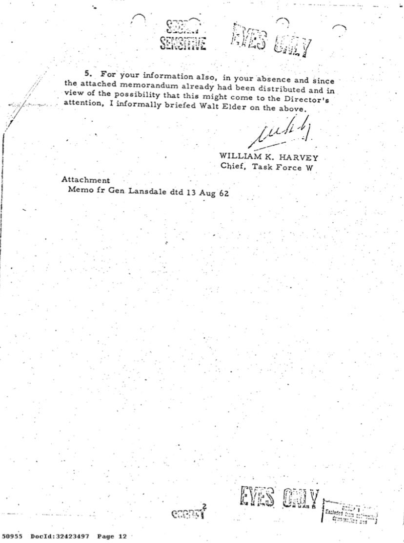 It was also Harvey who pointed out, in an August 1962 memo to Richard Helms, that people needed to do better at not utilizing the no-no word (assassination) in meetings on Cuba, since the Secretary of Defense was now openly discussing it. 

archives.gov/files/research…