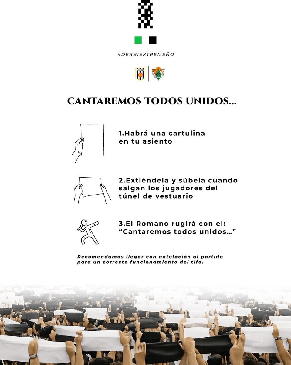 🏳️🏴 𝐇𝐚𝐛𝐫𝐚́ 𝐭𝐢𝐟𝐨 𝐞𝐧 𝐞𝐥 𝐑𝐨𝐦𝐚𝐧𝐨 🏳️🏴

😍 Levantad vuestra cartulina y cantad al unísono para dejar una imagen para la posteridad 📸🔝🗣️

#DerbiExtremeño
#MéridaCacereño