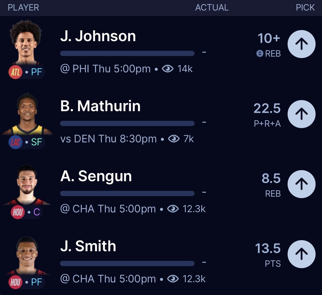 AnalyticsPicks's tweet photo. NBA Betting Card (February 19th)🏀 

$50 TO A FOLLOWER WHO ❤️'s IF WE GO 4-0!

Alperen Sengun O 8.5 Rebounds
Jalen Johnson O 9.5 Rebounds
Jabari Smith Jr O 13.5 Points
Bennedict Mathurin O 21.5 PRA

Everything lines up for a CLEAN 4/4 SWEEP tonight💰