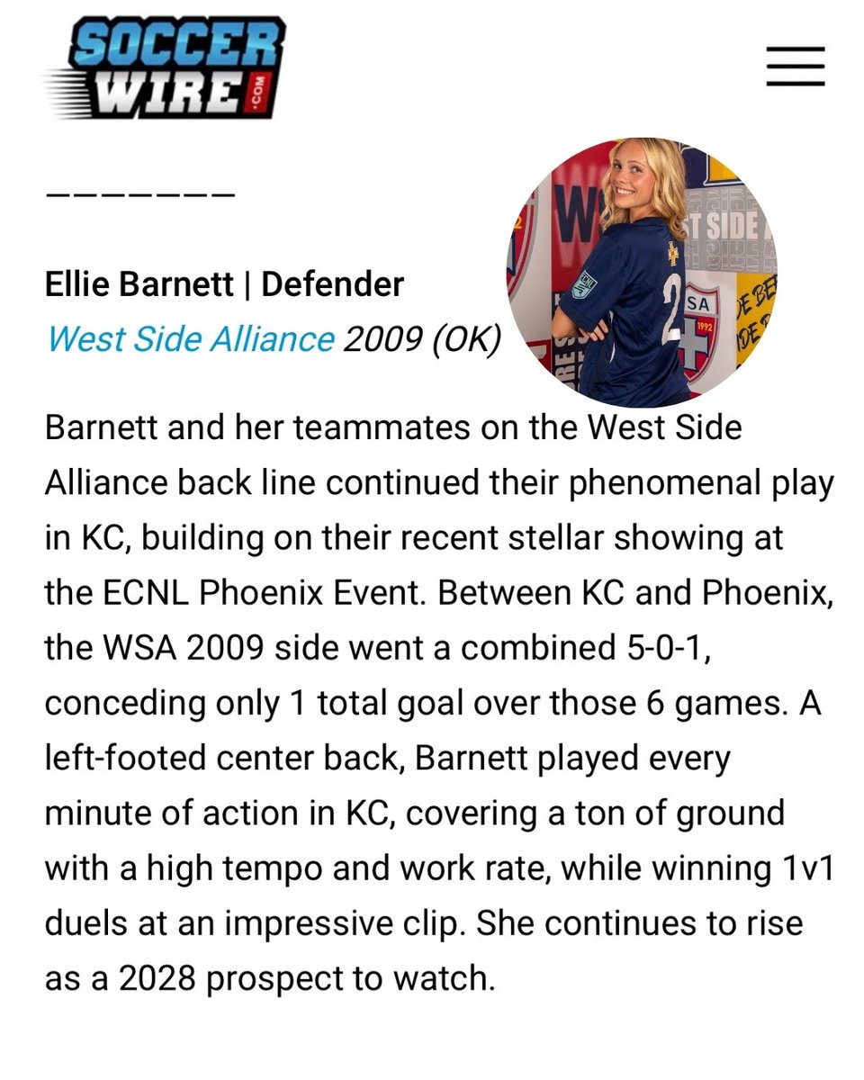 Thank you <a href="/TheSoccerWire/">SoccerWire</a> for Selecting me as a Top Performer and Players That Impressed at <a href="/ECNLgirls/">ECNL Girls</a> Kansas City ❤️

<a href="/WSA2009ECNL/">WSA 2009 ECNL GIRLS</a> <a href="/ImYouthSoccer/">ECNL/GA/Recruiting/College Soccer</a> <a href="/ImCollegeSoccer/">College Soccer Truth ™</a> <a href="/TopDrawerSoccer/">TopDrawerSoccer</a> <a href="/PrepSoccer/">Prep Soccer ⚽️</a>