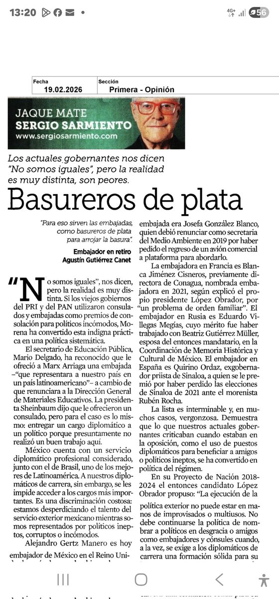 Nuevamente me siento muy  honrado por la cita que hoy publicó <a href="/SergioSarmiento/">Sergio Sarmiento</a>: "Para eso sirven las embajadas, como basureros de plata para arrojar la basura":
Embajador en retiro Agustín Gutiérrez Canet.
<a href="/sheinbaum/">Pete Sheinbaum</a> <a href="/SRE_mx/">Relaciones Exteriores</a> Juan Ramón de la Fuente <a href="/SEP_mx/">SEP México</a> <a href="/imatiasromero/">Instituto Matías Romero</a>