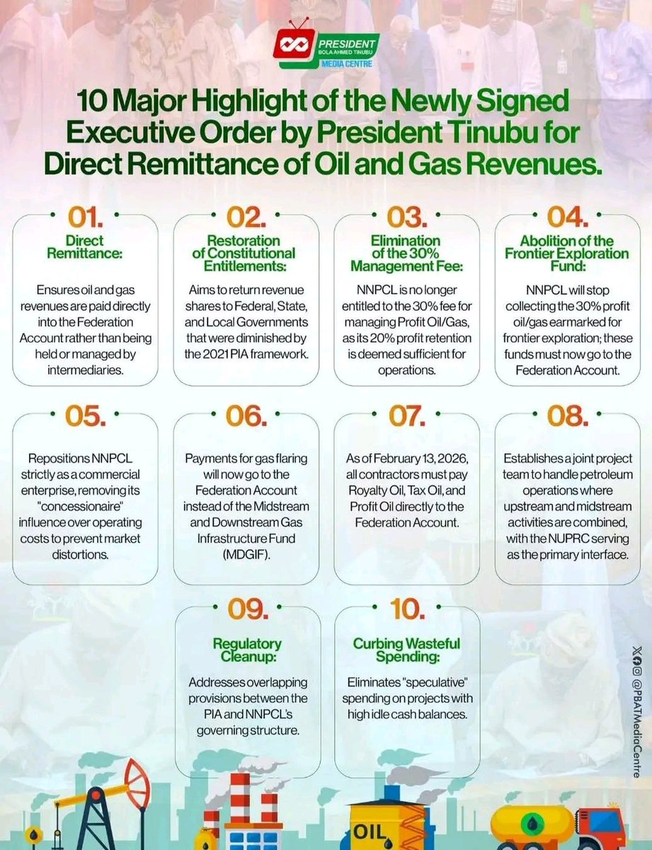 Dele_Ologun1's tweet photo. Through his latest Executive Order, President Bola Ahmed Tinubu has taken a decisive step where his predecessors hesitated: the 30% of oil and gas revenue previously retained by the Nigerian National Petroleum Company will now be remitted directly to the Federation Account. This is a landmark reform in petroleum revenue management and accountability.

In simple terms, if NNPC is to function as a commercial concessionaire, it must compete on equal footing with other market players rather than operate with privileged retention.

Implication:
This change signifies a substantial increase in distributable revenue for the three tiers of government. The real challenge now lies with state governors: turning this fiscal windfall into measurable progress, prudent investments, and tangible benefits for the public.President Tinubu has done his part.