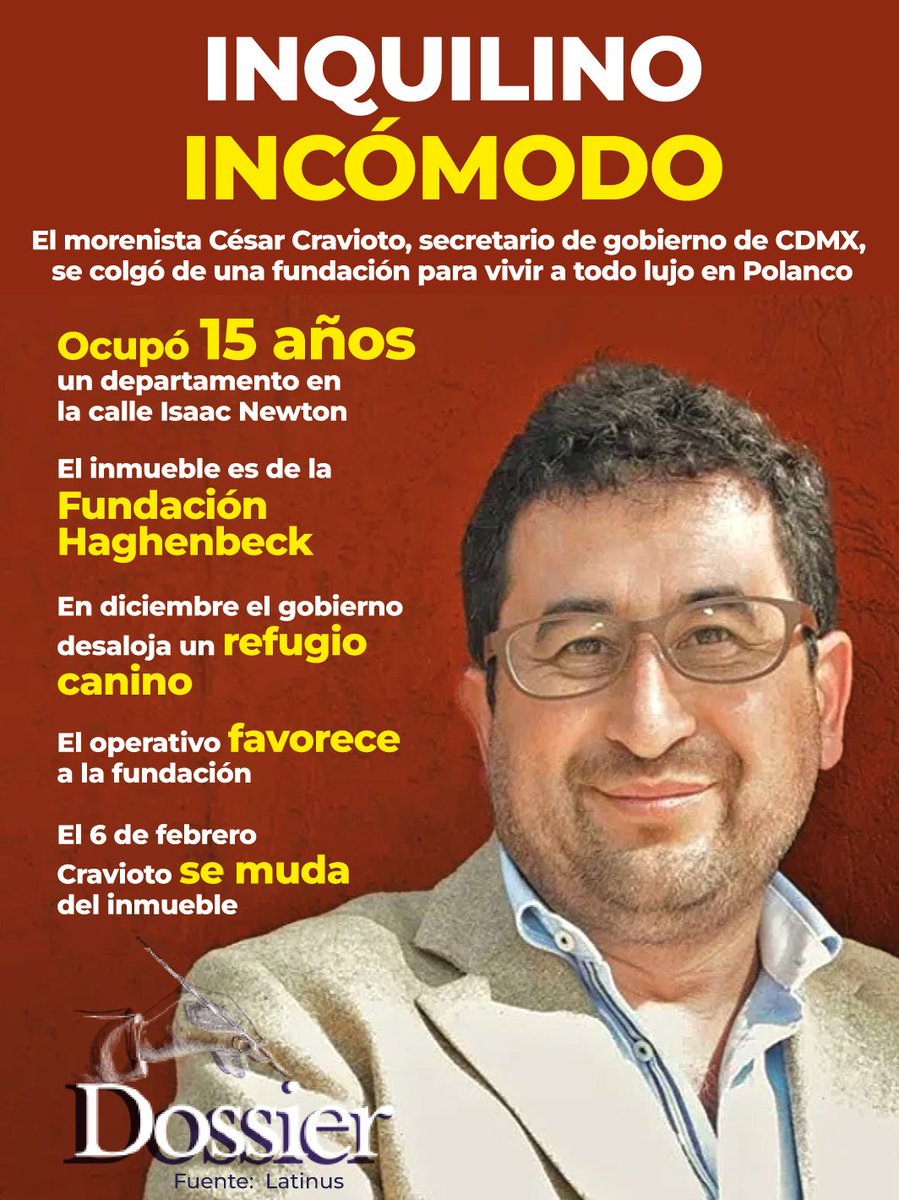 César Cravioto, brazo derecho de Clara Brugada, vivía en un departamento de la Fundación Antonio Haghenbeck y de la Lama cuando se ordenó un operativo de desalojo que benefició a esa institución.
Residía en en Polanco, administrado por la fundación, y se mudó hace una semana. 🤔