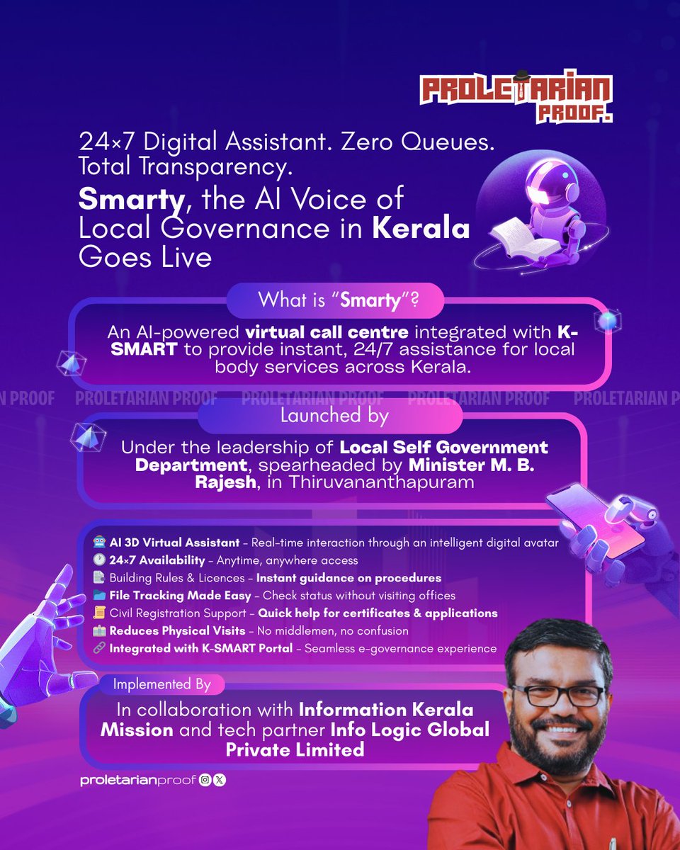 thepropruf's tweet photo. 🚀 Kerala Launches AI-Powered Call Centre “Smarty” | 24×7 e-Governance Support via K-SMART
Smarter Local Services, Faster Responses & Zero Office Visits 🤖📞
#Kerala #AI #DigitalKerala #KSMART #SmartKerala #KeralaStory https://t.co/lkhd8FWY1f