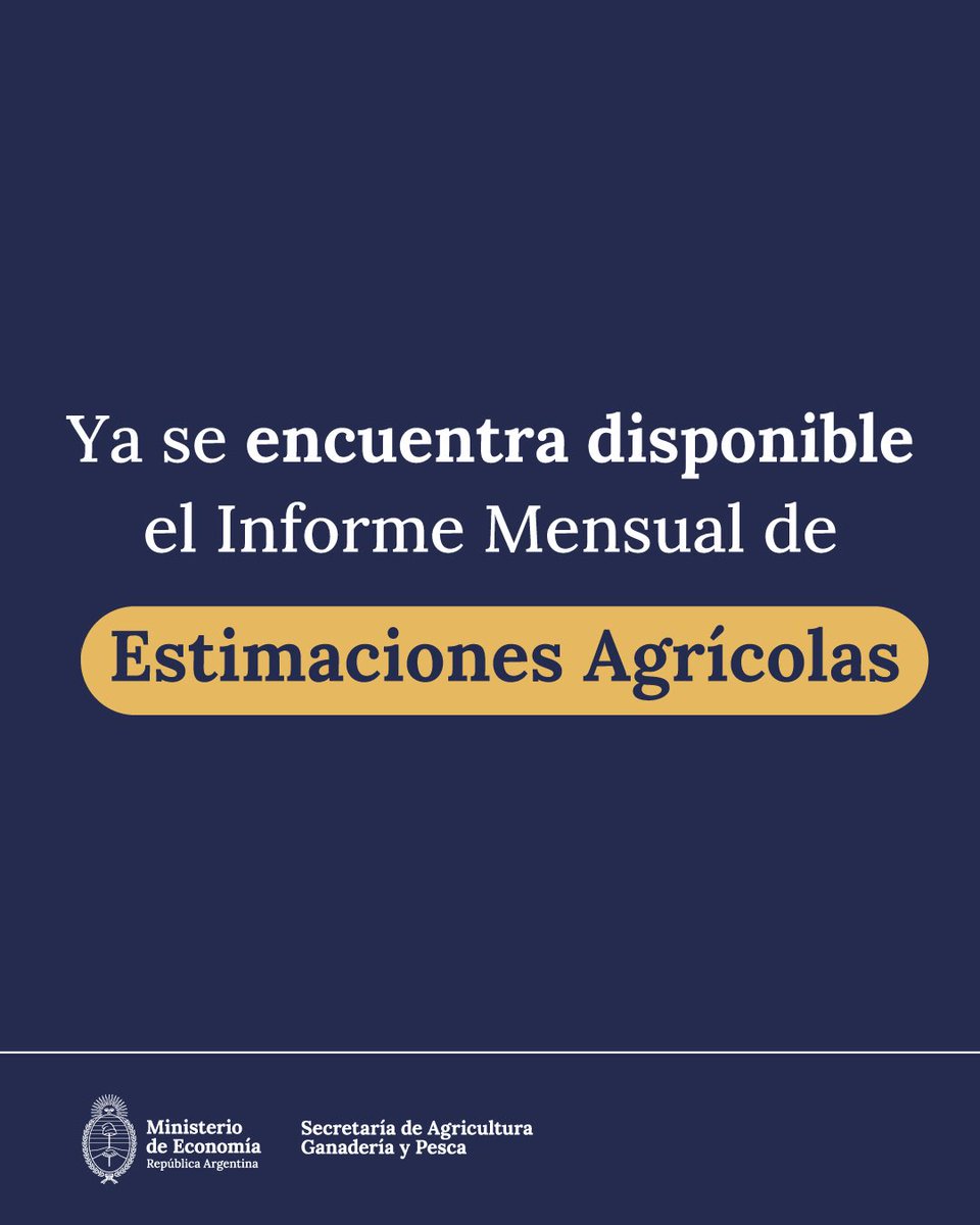 La Secretaría de Agricultura, Ganadería y Pesca de la Nación publicó el informe mensual de Estimaciones Agrícolas. Esta herramienta aporta información estratégica para toda la cadena productiva. 
Acceso al informe 👉 magyp.gob.ar/sitio/areas/es…