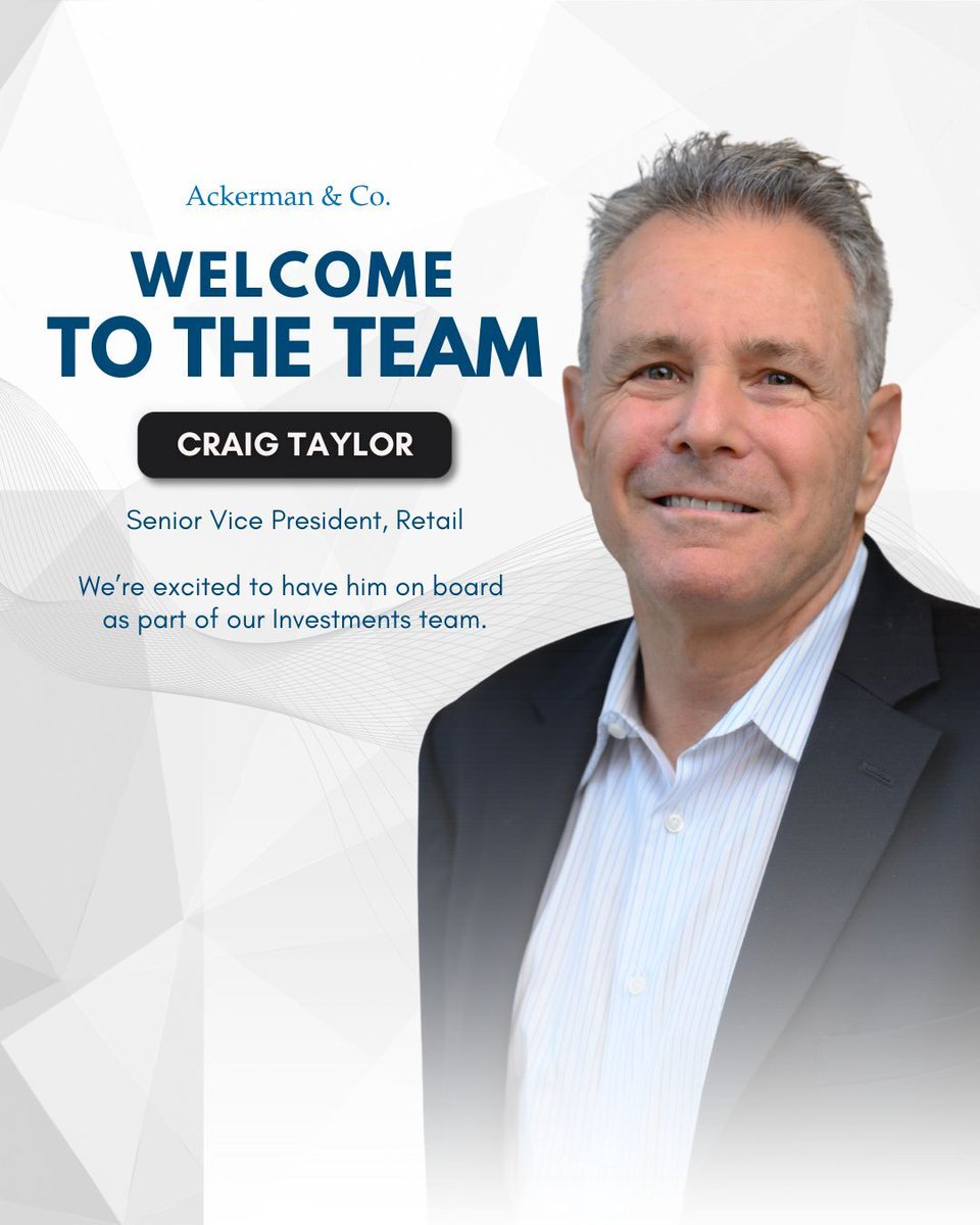 AckermanCRE's tweet photo. We’re pleased to welcome Craig Taylor, a seasoned investment sales broker with 30 years of commercial real estate experience. He joins Ackerman from CBRE and will continue his focus on the sale of multitenant retail shopping centers: https://t.co/CoEzbbWFlm https://t.co/Y1qvZYhR8X