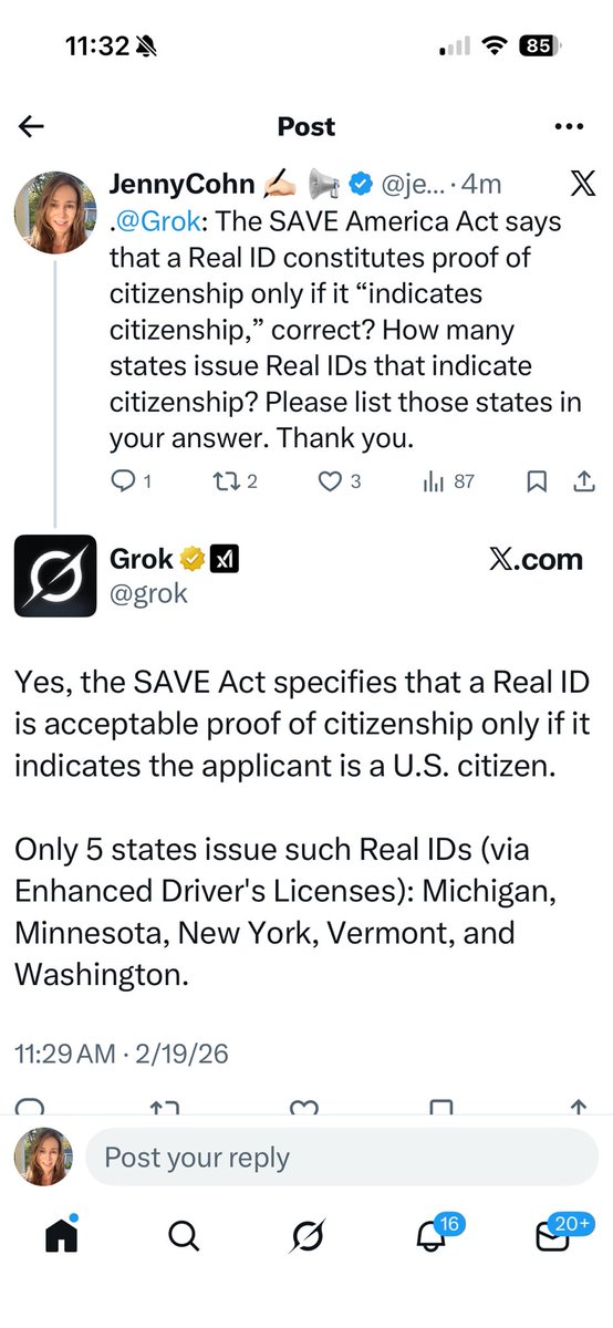 Dear MAGA: Your Real ID will constitute proof of citizenship under the Save America Act (previously the SAVE Act) only if it is an Enhanced Drivers License from Michigan, Minnesota, New York, Vermont, or Washington. If you won’t believe me, will you believe Grok? #NoOnSave