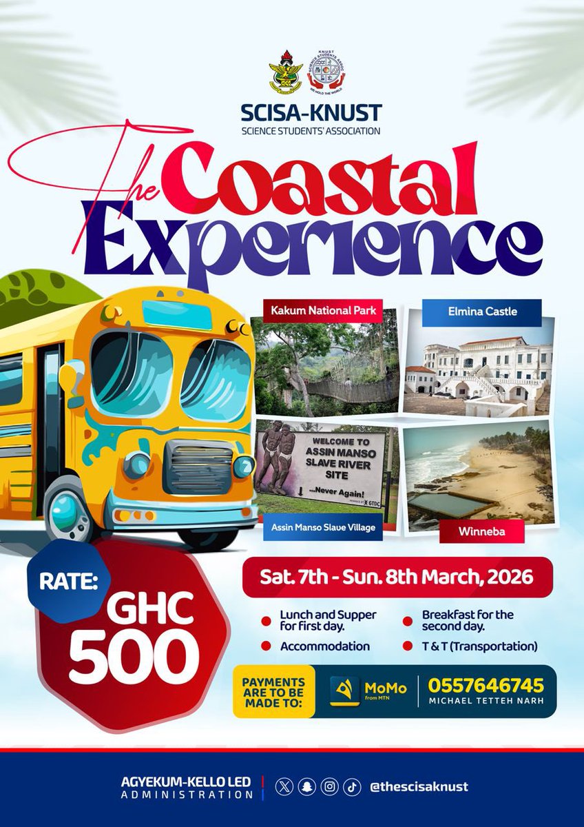 thescisaknust's tweet photo. After late-night studies and midsem stress, escape with SCISA-KNUST coastal getaway. Relax, connect, explore. March 7th- 8th. 

Pay via MoMo 0557646745 Michael Tetteh Narh. Reserve now please.

#ThisIsSCISA   #KNUST https://t.co/GELV1A8vIi