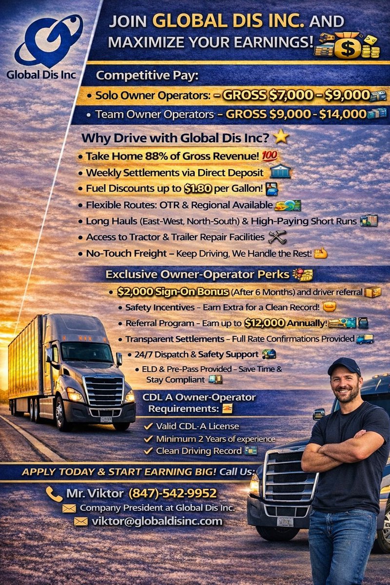 globaldisinc's tweet photo. CDL-A Owner-Operators! Earn 88% of Gross.  Solo: $7k-$9k/wk Team: $9k-$14k/wk  Perks: ✅ $2k Sign-On Bonus 📷 Fuel Discounts (up to $1.80/gal) 📷 https://t.co/kIyrJPkNBD