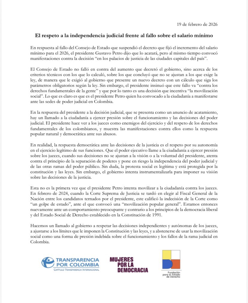 La independencia judicial no es un detalle técnico: es un pilar de la democracia.

Respaldamos el llamado a respetar la autonomía de los jueces y la separación de poderes.

La movilización social es legítima, pero no puede convertirse en presión sobre la justicia.