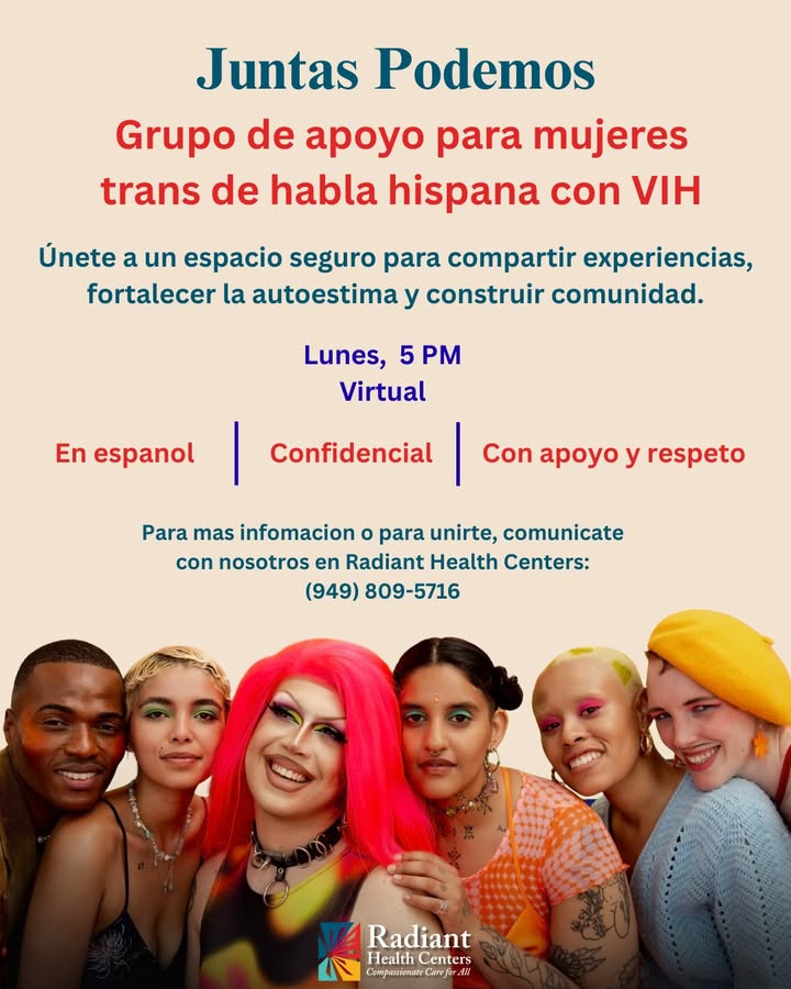 Juntas Podemos 💪🏽✨
Grupo de apoyo para mujeres trans de habla hispana con VIH.
Únete a un espacio seguro para compartir, fortalecer la autoestima y crear comunidad.
🗓 Lunes | ⏰ 5 PM | 💻 Virtual
📞 (949) 809-5716
#MujeresTrans #VIH #RadiantHealthCenters #Apoyo