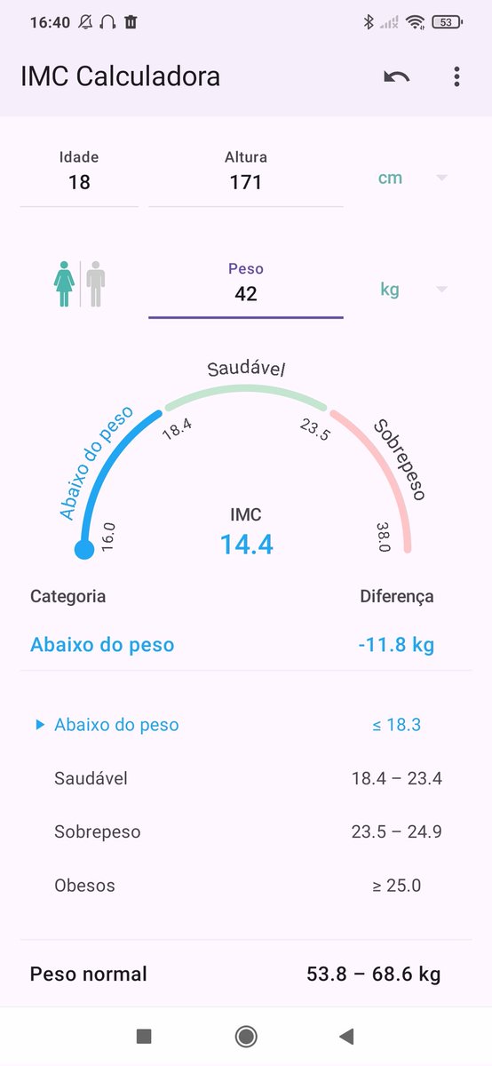 maior peso / menor peso / peso atual / peso meta