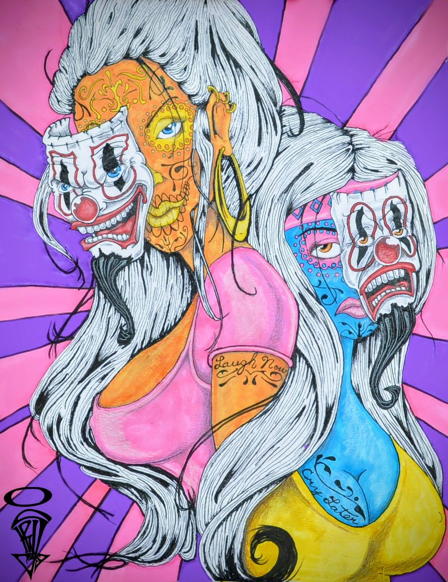 artist_kriztix's tweet image. Pleasure wore a grin, regret wore a frown, and I danced between them both.  

11"x14" Prismacolor &amp;amp; Micron markers on Bristol—raw confession in ink from a wilder time. Likes, RTs, shares welcome

#SmileNowCryLater #ChicanoArt #ChicanoTattoo #LowbrowArt #MarkerArt