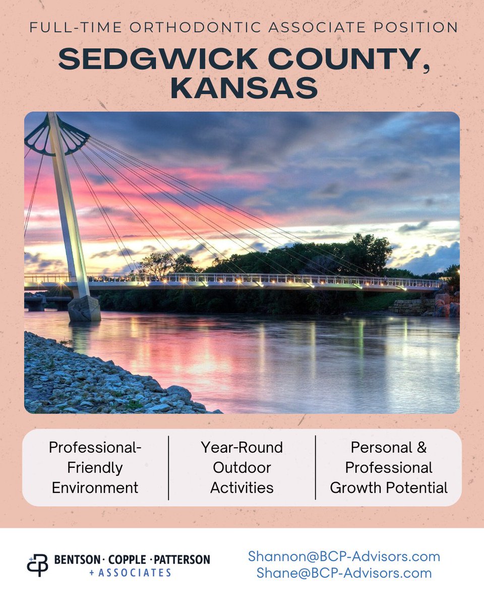 An exceptional, private orthodontic practice located in the heart of America - Sedgwick County, Kansas has an amazing full-time orthodontic associate career opportunity.

Learn More:
Shannon Patterson – shannon@bcp-advisors.com
Shane Burden – shane@bcp-advisors.com